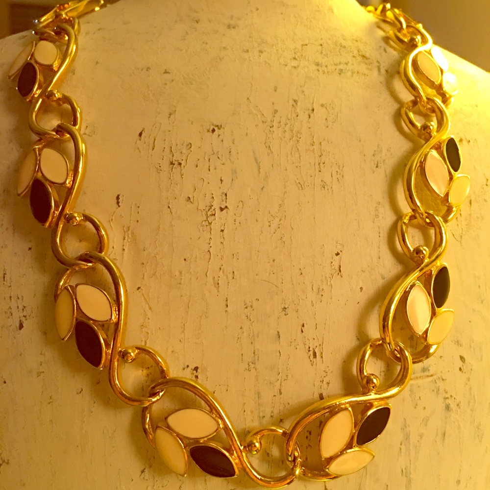Gold necklace with Black and Cream Petals
